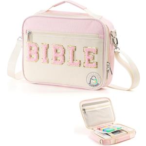 Bible Cover Case for Women, Large Chenille Letter Bible Bag with Shoulder Strap,Pink Bible Carrying Tote Bags for Bible Study Accessories, for Women Lady Teen Grils