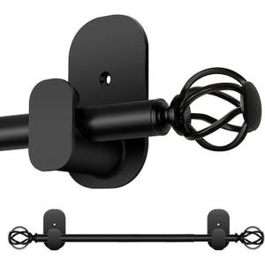 Curtain Rods No Drilling 48 to 84 Inch, 5/8 Inch Diameter No Drill Drapery Rod Set with Adhesive Brackets and Twiested Cage Finals, Bedroom Apartment Renter Friendly, Black