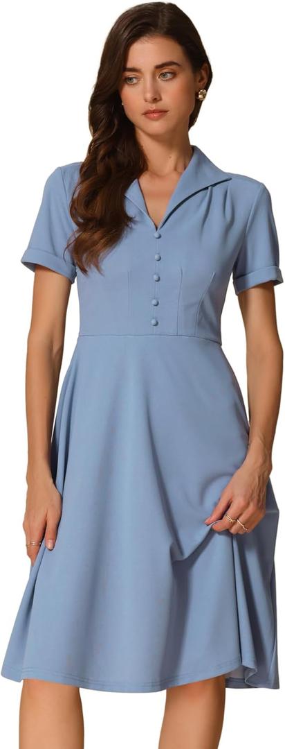 Allegra K Vintage Work Dresses for Women's 1950s Flat Collar Short Sleeve Fit and Flare Dress (Medium, Blue Gray)