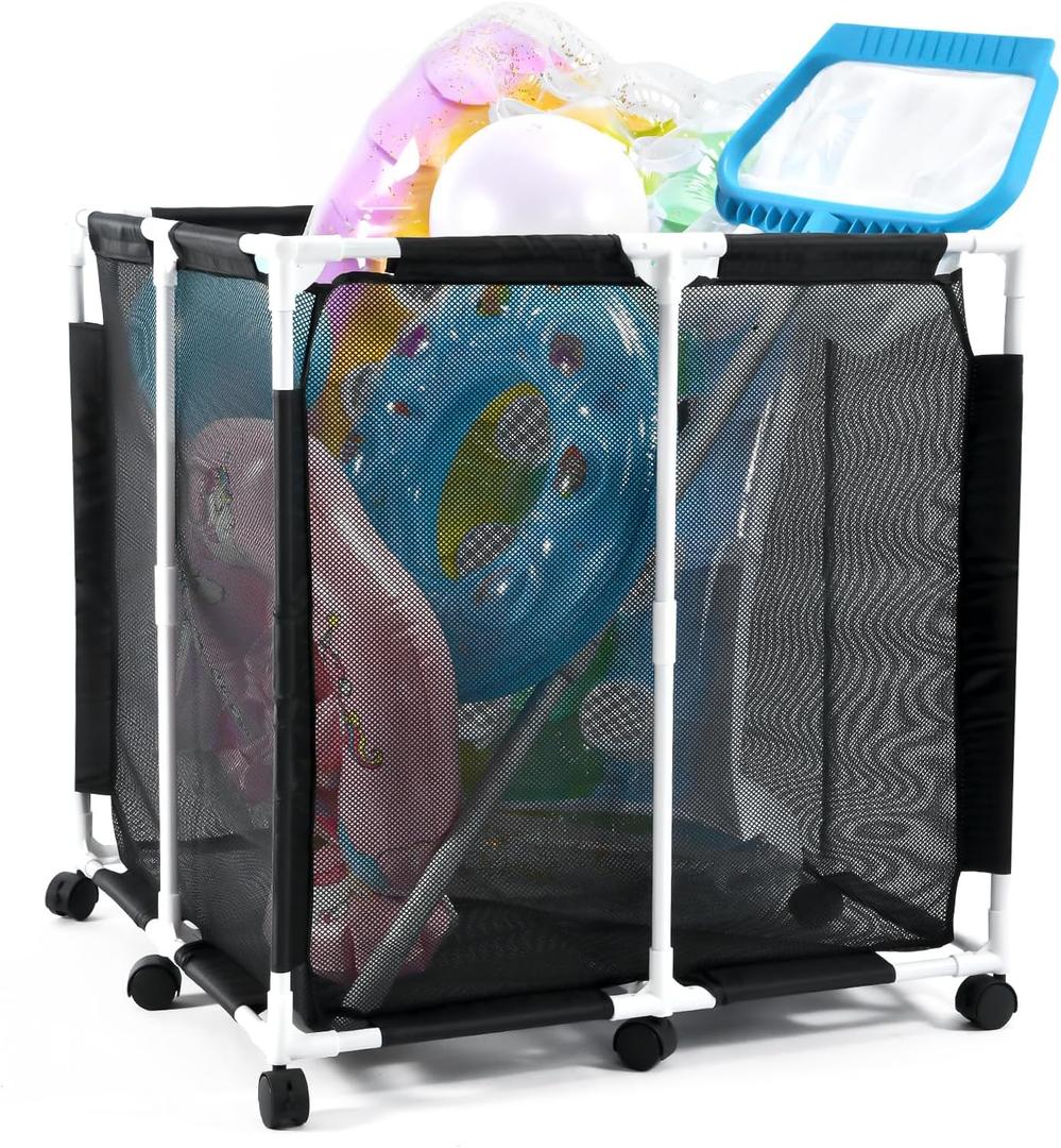 Pool Storage Bin, Float Toy Storage Organizer, Rolling Pool Toys Holder for Outdoor, 160 Gallon Large Mesh Poolside Container (Black)