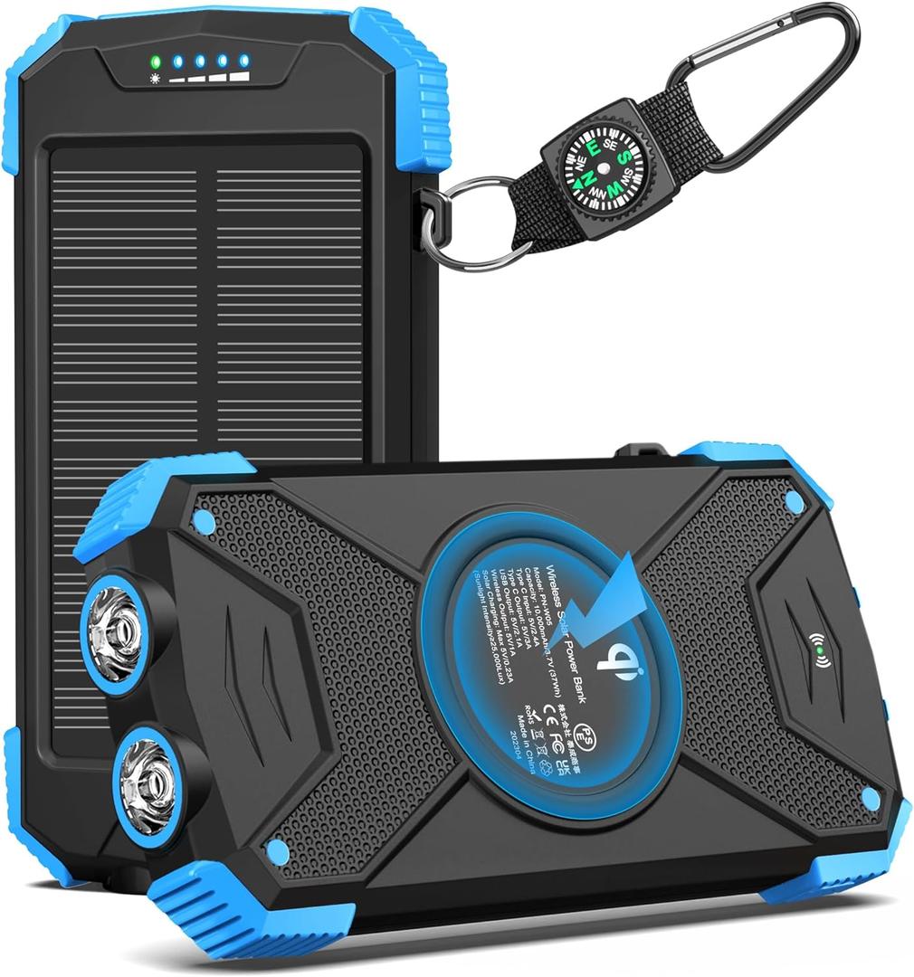 BLAVOR Solar Charger Power Bank 10,000mAh, Portable Wireless Charger, 20W Fast Charging External Battery Pack with USB C for Cell Phones, Solar Panel Charger with Dual Flashlight for Camping (blue)
