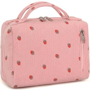 2 Pcs Makeup Bag Cosmetic Bag Set for Girls Women Travel Organizer Bathroom Toiletry Pouch Large Capacity Storage Bag (Strawberry Pink)