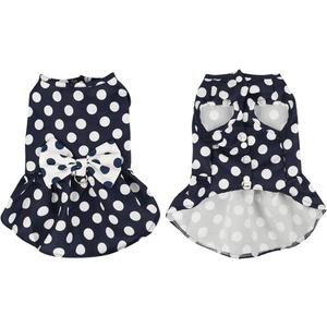 Cute Polka Dots Cat Small Dog Dress with Bow Tie Summer Clothes with D-Ring on The Back for Puppy Cat(Navy with White Dots, Large) (Large (Chest Girth 42cm/16.5in))