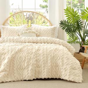 Amlie Home Tufted Boho Comforter Set King Size, 3 Pieces Soft Textured Bed Set, Lightweight Breathable Comforter for All Seasons, Farmhouse Shabby Chic Jacquard Bedding, Cozy Gift for Women, Beige