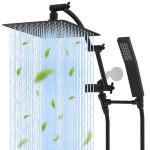 Hibbent All Metal 10'' Rainfall Shower Head, Dual Shower Head Combo, High Pressure Handheld Shower Wand, 16'' Adjustable Arc-shaped Shower Extension Arm, 71'' Hose, Showerhead Holder, Matte Black