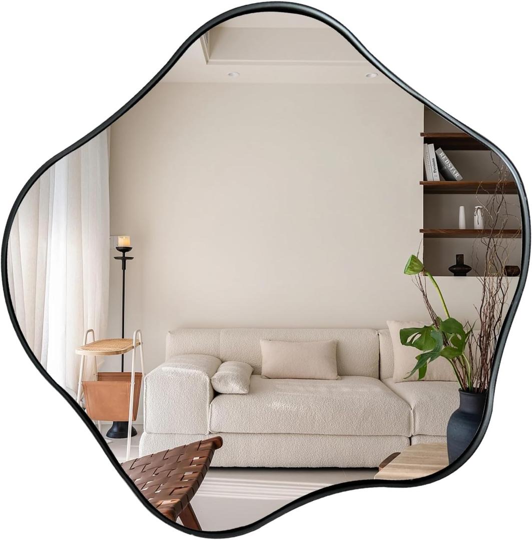 Irregular Wall Mirror, 16" Asymmetrical Shaped Mirror, Wavy Round Mirrors Decorative, Modern Scalloped Mirrors for Living Room Bathroom Bedroom Hallway Entryway Fireplace (Black)