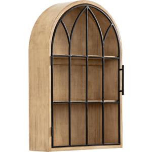 Kate and Laurel Megara Decorative Wooden Hanging Arched Wall Cabinet with Door for Open Storage; 16 x 5 x 24; Natural Wood and Black; Wooden Floating Wall Bathroom Cabinet for Above Toilet Storage