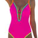 popvil Women One Piece Swimsuit Tummy Control Deep V Neck Neon Cute Bathing Suit Back Tie Swim Suits 2025 Summer (Large, Rose Red)