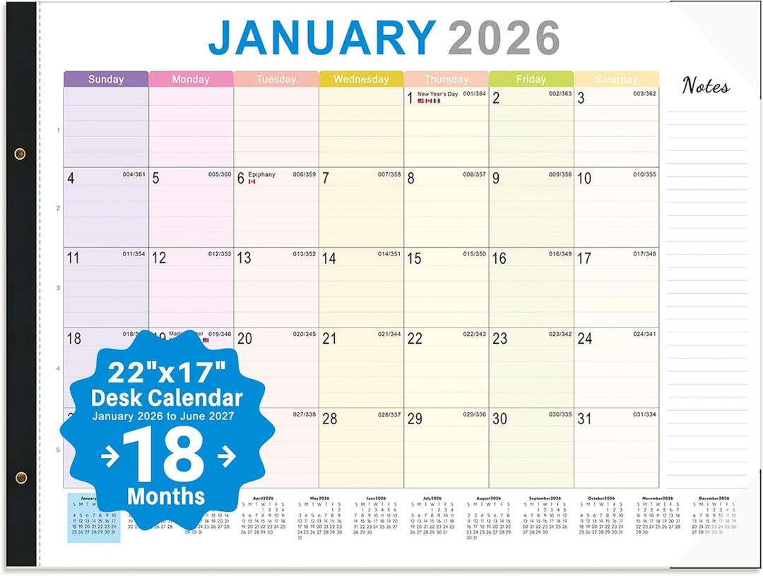 2026 Desk Calendar Large 22x17  Desk Top Calendar 2026 with plastic cover (Colored (Jan 2026 - June 2027))