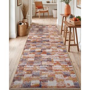 DEXI Hallway Runner Rug, 2x5 Distressed Non Slip Runners Carpet, Boho Vintage Soft Thin Indoor Rug, Stain Resistant Washable Entry Mat for Entryway Kitchen Laundry Room Living Room, Brown Blue