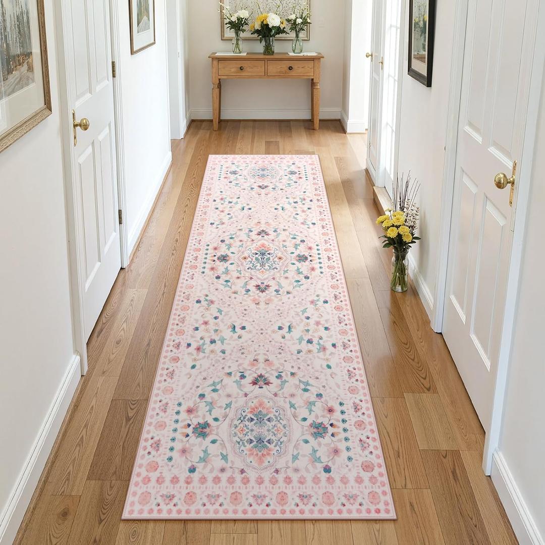 LIVEBOX Pink Floral Runner Rug 2x6 for Hallway, Washable Non Slip Soft Runner for Bedroom, Boho Accent Rug for Kitchen, Bathroom, Laundry Room