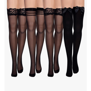 SATINIOR 4 Pack Silk Thigh High Stocking for Women Lace Silicone Socks Satin Bow Top Stocking