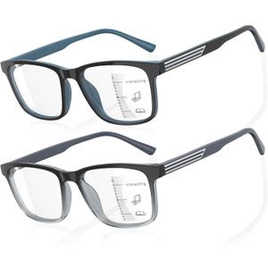 DEHOTRE 2 Pack Progressive Multifocus Reading Glasses Men Unbreakable TR90 Frame Temple Large Size Readers with Metal Inlays