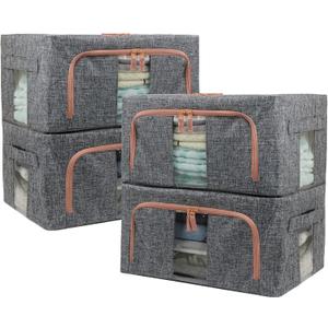 Linen Clothes Storage Bins, 4PCS Sturdy Closet Organizers and Storage Bin with Metal Frame, 2 Opening Ways Fabric Visible Lidded Storage Box for Organizing Clothing,Jeans,Sheets (4PC Gray, 22Liters)