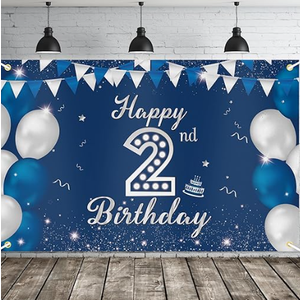 JOYKY Happy 2nd Birthday Banner, Blue Silver Happy 2nd Birthday Party Decorations for Boys, Two 2 Year Old Supplies Backdrop Décor, 5.9 X 3.8 Fts