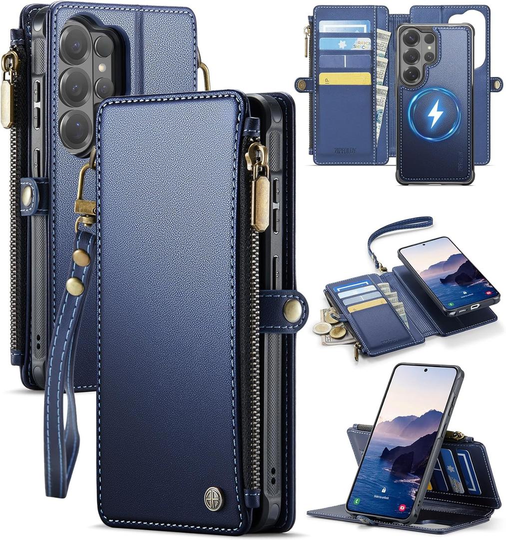 for Galaxy S26 Ultra - Phone Case Wallet Magnetic, Navy Blue | Detached for Magsafe, RFID Blocking Card Holder, Zipper, Wrist Strap, for Women Men, PU Leather, for Samsung Galaxy S26 Ultra