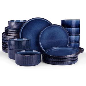 Famiware Star 24-Piece Plates and Bowls Set with Trim, Service for 8 - Stoneware Reactive Glaze Dinnerware, High Edge Ribbed Dishes, Chip & Scratch Resistant, Microwave & Dishwasher Safe, Nebulas Blue