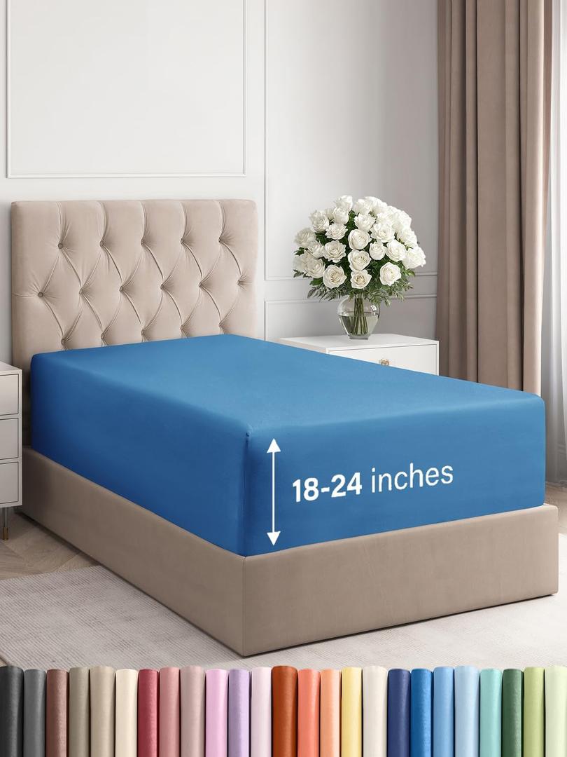 Extra Deep Twin Fitted Sheet - Hotel Luxury Single Fitted Sheet Only - Easily Fits 18 inch to 24 inch Mattress - Ultra Soft, Wrinkle & Fade Free w/Extra Deep Pockets - Breathable & Comfy - Royal Blue