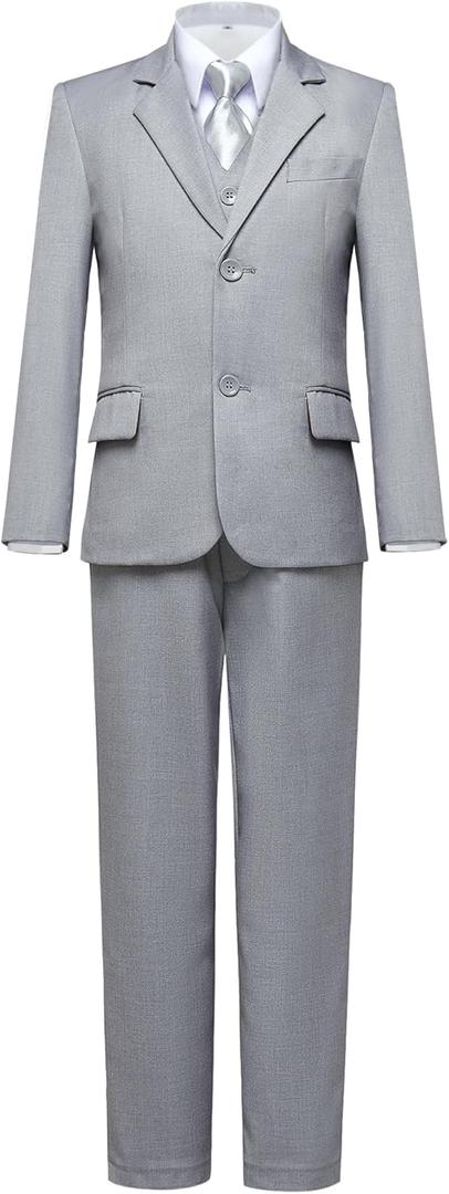 Suit for Boy Formal Slim Fit Tuxedo 5 Pieces Kids Toddler Wedding Outfit Blazer Pants Vest Set Boys Suits (6, Light Gray-tie)