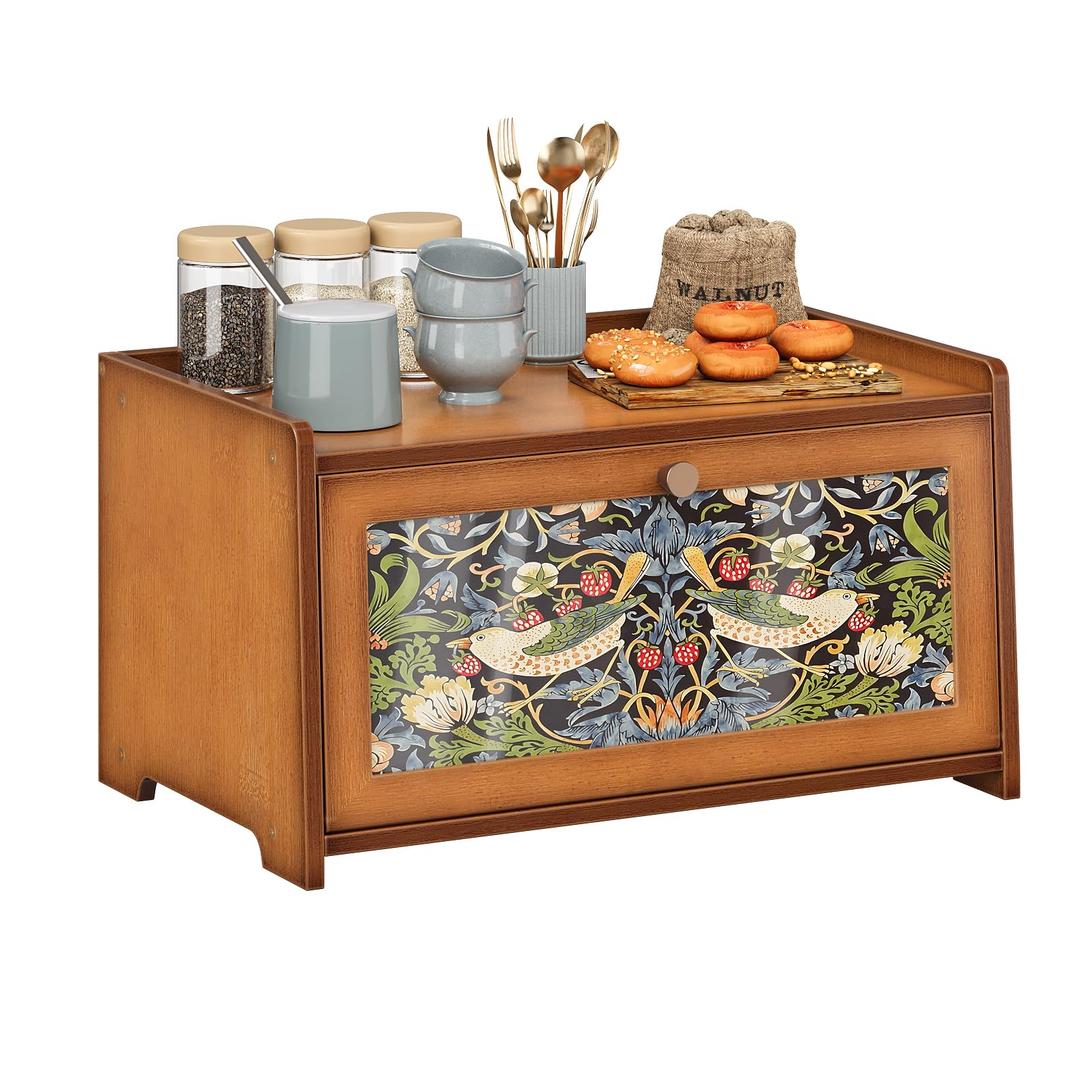 Trironsun Bamboo Bread Box for Kitchen Counter Black Bread Storage Container with Acrylic Door William Morris Flower Bird Design Farmhouse Breadbox Organizer (Brown, 1 Layer)