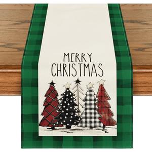 Artoid Mode Watercolor Green and Black Buffalo Plaid Christmas Trees Merry Xmas Table Runner, Seasonal Winter Holiday Kitchen Dining Table Decoration for Indoor Outdoor Home Party Decor 13 x 48 Inch
