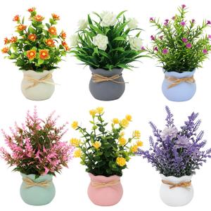 Yoratee 6PCS Artificial Flowers Pot Small Fake Plants with Mini Potted Plants for Home Office Tabletop Centerpiece Decoration