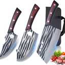 Butcher Knife Set with BagMeat Cleaver Full Tang Serbian Chef Knife High Carbon Steel for Meat Cutting Processing,Hand Forged Viking Carving Outdoor BBQ Camping Knife (3)