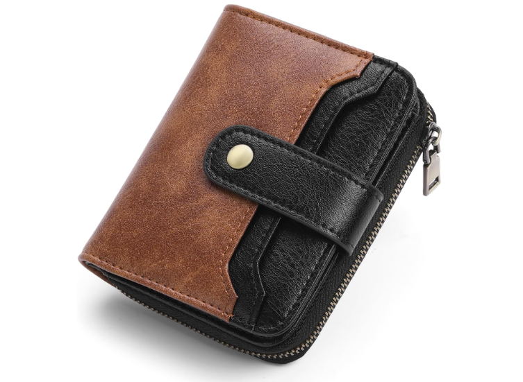 GAEKEAO Small Wallet for Women Leather RFID Blocking Bifold Zipper Pocket Credit Card Holder Card Case Wallets with ID Window, Black&Brown