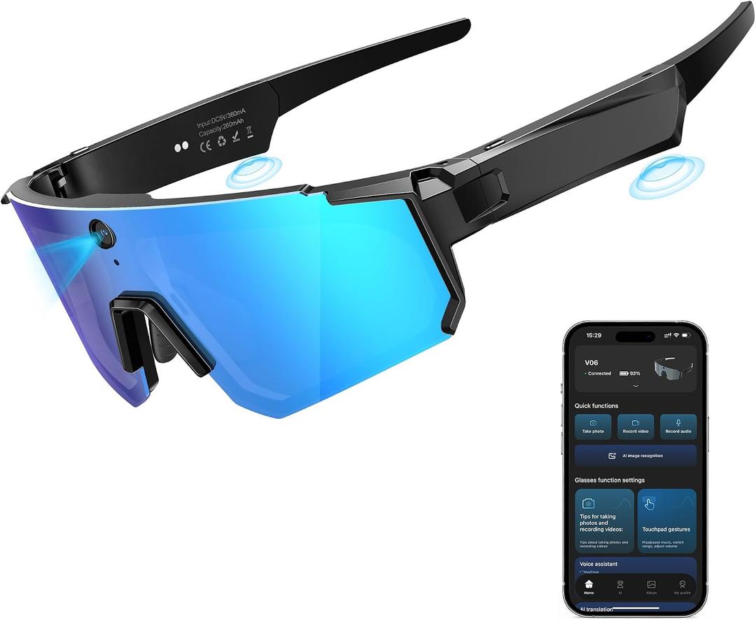 GLOSSIA AI Ultra Pro Smart Glasses: 4K Wearable Camera with 6-Axis EIS Stabilization, ChatGPT-4o Voice Assistant, IP66 Waterproof Sport Sunglasses, Dual-Mic ENC Noise Cancelling Obsidian Blue Ice