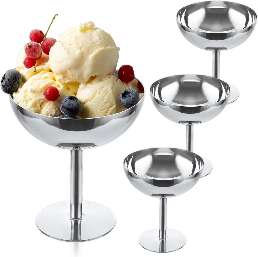 4PCS Ice Cream Cup Stainless Steel Dessert Cups Snack Yogurt Candy Cup Reusable Mini Silver Ice Cream Bowls with Footed for Salad Fruit Pudding Christmas Party, 4.33.92.4inch