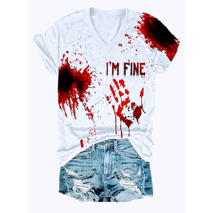I'm Fine Blood Graphic T-Shirts Blood Stain Hand Shirt Sarcastic Humor Saying Shirts Halloween Horror Movie Tees XXL