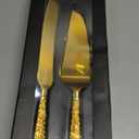 Dicunoy 2 PCS Gold Cake Knife and Server Set, Wedding Cake Cutting Utensils, Vintage Engraved Cake Cutter and Serving Spatula for Birthday,Anniversary, Vibrant Gold