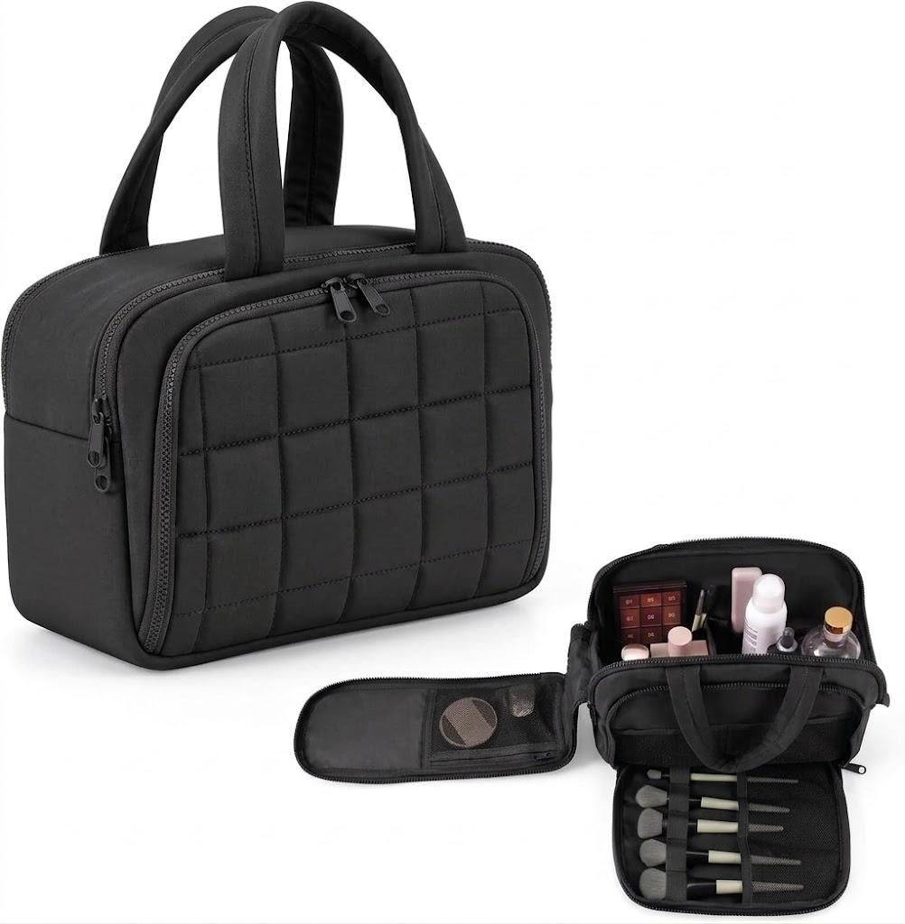 Huhumy Travel Toiletry Bag, Puffy Checkered Makeup Bag for Women, Large Quilted Wide-open Lightweight Cosmetic Organizer with Handle for Accessories, Essentials, Toiletries (Black)