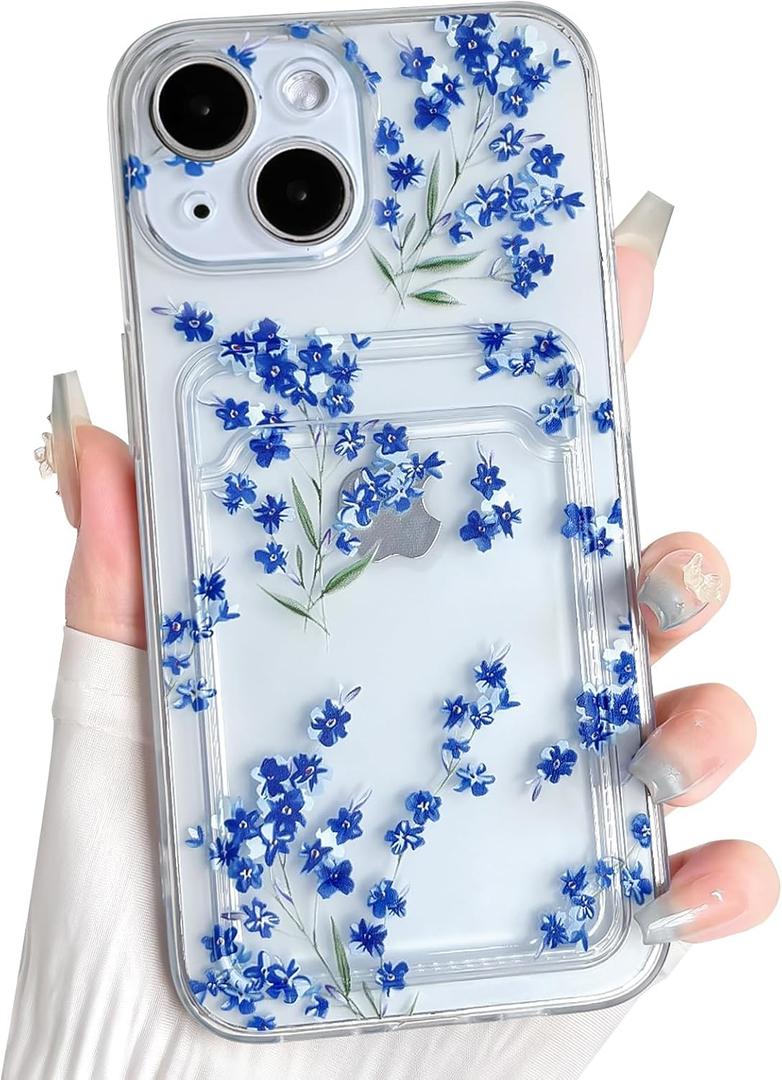 NITITOP Compatible with iPhone 13 Case with Card Holder Clear Cute Floral Flowers Branch for Women Girls Soft TPU Wallet Shockproof Protective Cover - Blue