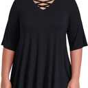 LARACE Elbow Sleeve Cross-Tie V-Neck Plus Size Tops for Women's Half Sleeves Tunic Shirts Blouse Spring Summer Fall Clothes (Black, XXXL)