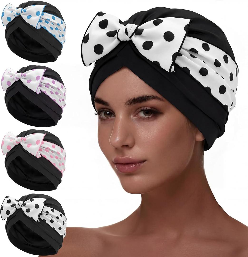 Soulchen 4 Pack Women Swim Caps for Long Hair Turban Bathing Caps with Polka Dot Bow Pleated Elastic Swimming Hats Fabric Cloth Waterproof Ear Protection Stylish Pool