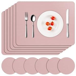 APLKER Vinyl Placemats Set of 6, Waterproof Faux Leather Heat Resistant Kitchen Place Mats, Wipeable Dining Table Place Mats and Coasters for Kitchen, Dining, Decor, Outdoor (Pink)