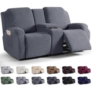 KinCam Loveseat Recliner Covers with Middle Console Slipcover, Recliner Sofa Covers 2 Seat Couch Cover Stripe Jacquard Furniture Protector Covers with Elastic Bottom for Kids, Pets (Dark Gray)