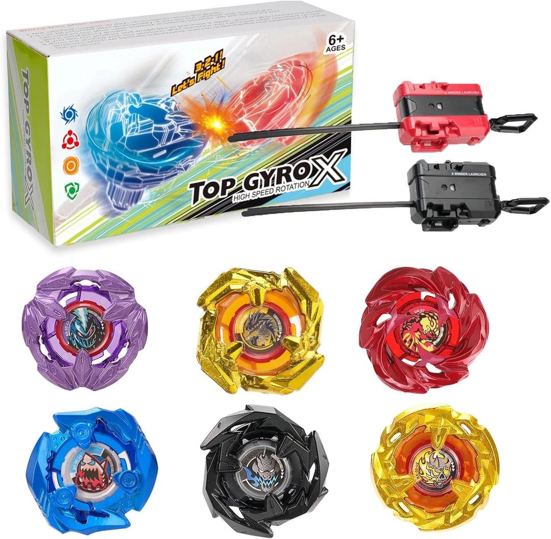 Gyro X Battle Blade Set, 6 Right Spinning Tops and 2 X Launchers, Great Starter Gyro Pack for Boys Toys Kids Birthday Toy 6+
