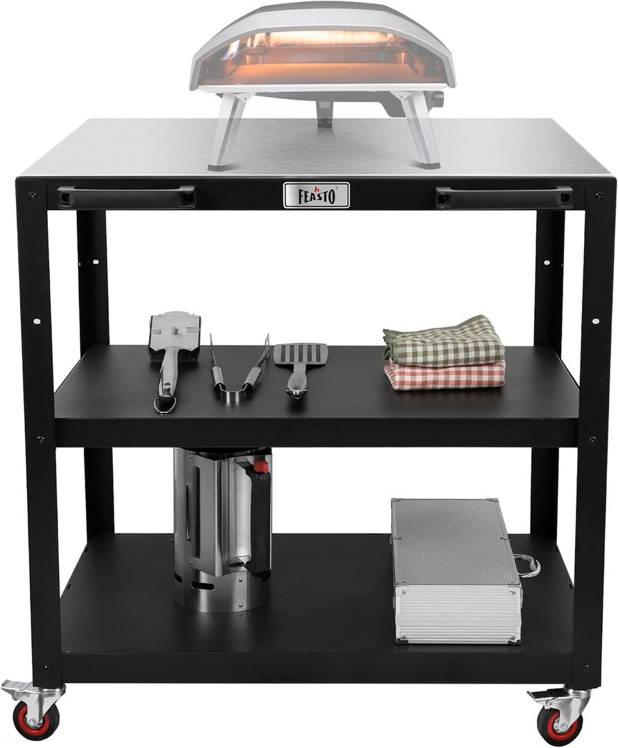 36''x 24'' Large Movable Pizza Oven Table for Outdoor, 304 Stainless Steel Grill Cart with Wheels, 3-Shelf Outdoor Kitchen Prep Table Pizza Oven Stand on Wheels for Pizza Oven& Griddle