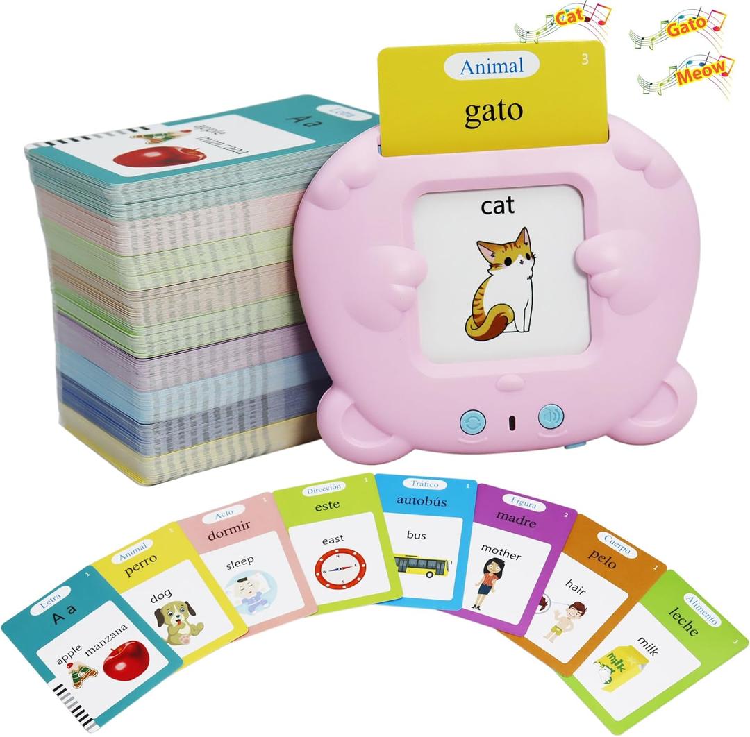 Spanish & English 510 Words Alphabet Bilingual Talking Flash Cards for 3-8 Years Toddlers, Pocket Speech Buddy Therapy Autism Toys, Educational Learning Interactive Toy for Boys Girls Kids Gifts, Pink