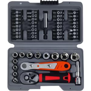 48-Piece 1/4 Inch Mini Socket Ratchet Wrench Set  Includes Metric Shallow Sockets (4-14mm) with 6-Point Design, 72-Tooth Mini Ratchet Wrench, Screwdriver Bits, and 3-Inch Extension Bars