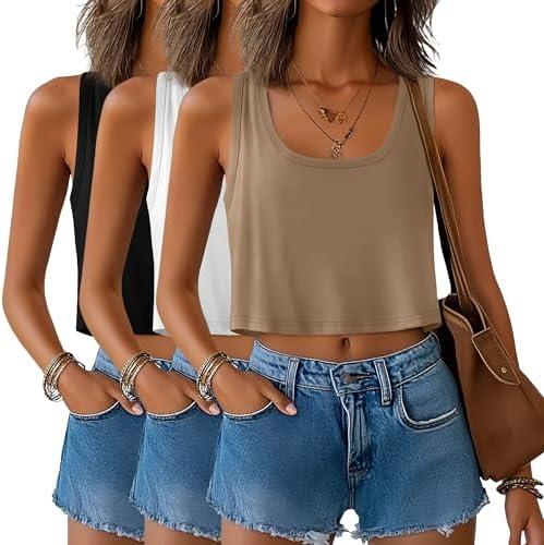 Huukeay 3 Pack Women's Cotton Crop Tops Sleeveless Scoop Neck Loose Fit Tank Tops Cropped Workout Tanks Summer Basic Shirts size S