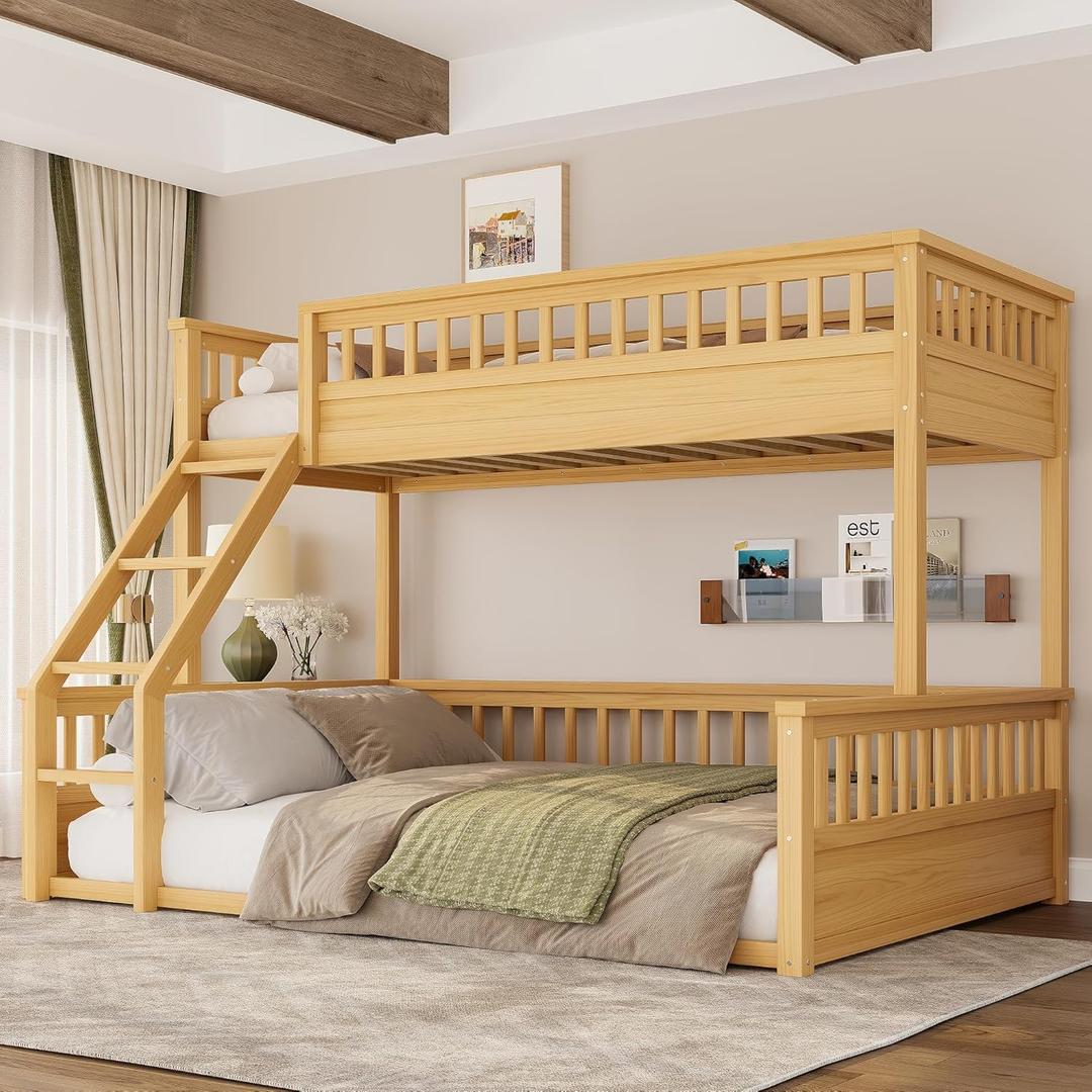 KEIKI Twin XL Over Queen Bunk Bed, Kids Wooden Floor Bed Frame with Ladder & Guardrail, Convertible to 2 Separated Teens Beds Frames, Upper Bedframe No Spring Box Needed, Easy Assembly, Brown