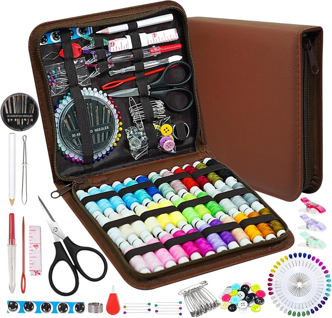 JUNING Sewing Kit with Case 168pcs Portable Sewing Accessories and Supplies for Home Traveler, Adults, Beginner, Emergency, Contains Thread, Scissors, Needles, Measuring Tape (XL-36 Threads-Brown)