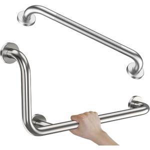 Brushed Nickel L-Shaped Grab Bar 12x24 Inch + Knurled Shower Grab Rail 20 Inch, Zepolu Stainless Steel Toilet Safety Bar 90 Degree, Angled Balance Support Assist Bar, Bathroom Mobility Aid Handrail