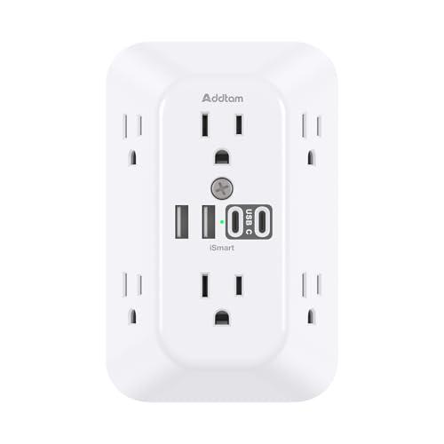 Addtam Surge Protector Outlet Extender, 6-Outlet Splitter with 4 USB Wall Charger(2 USB-C Ports), Multi Plug Wall Outlet 1800J Power Strip for Home Office Dorm Room Essentials