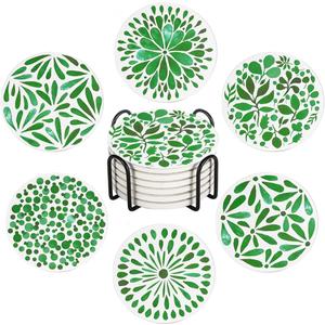 Drink Absorbent Coasters with Holder Set of 6, Ceramic Stone with Cork Base, Modern Green Abstract Geometric Coaster for Drinks, Gift for Housewarming Room Bar Home Decor Kitchen (Round)