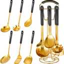 7 Pcs Black and Gold Cooking Utensils Set, Stainless Steel Kitchenware Gift with Hanging Shelf, Slotted Spoon, Slotted Spatula, Large, Soup Ladle, Spatula, Pasta Spoon, Easy to Clean
