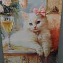 Elegant Vintage Cat Canvas Wall Art Whimsical White Cat Poster Print Funny Retro Bar Cart Picture Eclectic Animal Paintings Wall Decor for Living Room Bedroom Kitchen Office 16x24in Framed